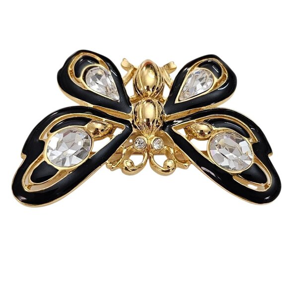 Trifari TM Butterfly Brooch Vintage Clear Crystal Rhinestone Black Enamel Pin - Picture 5 of 9